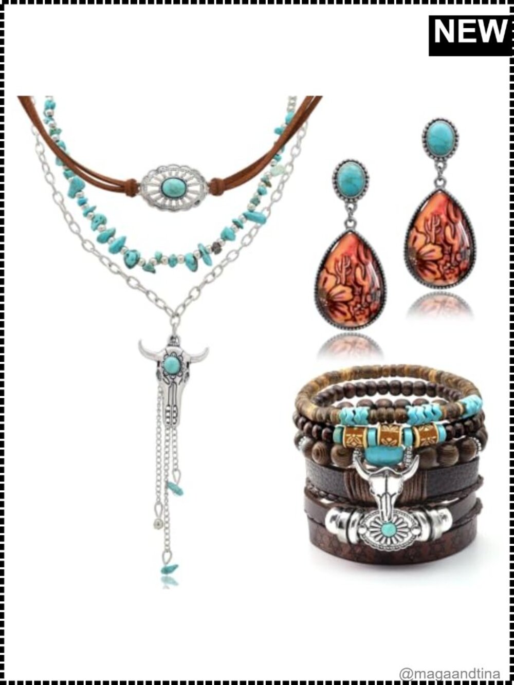 Boho Western Jewelry Set Turquoise OX Necklace Earrings Bracelet
